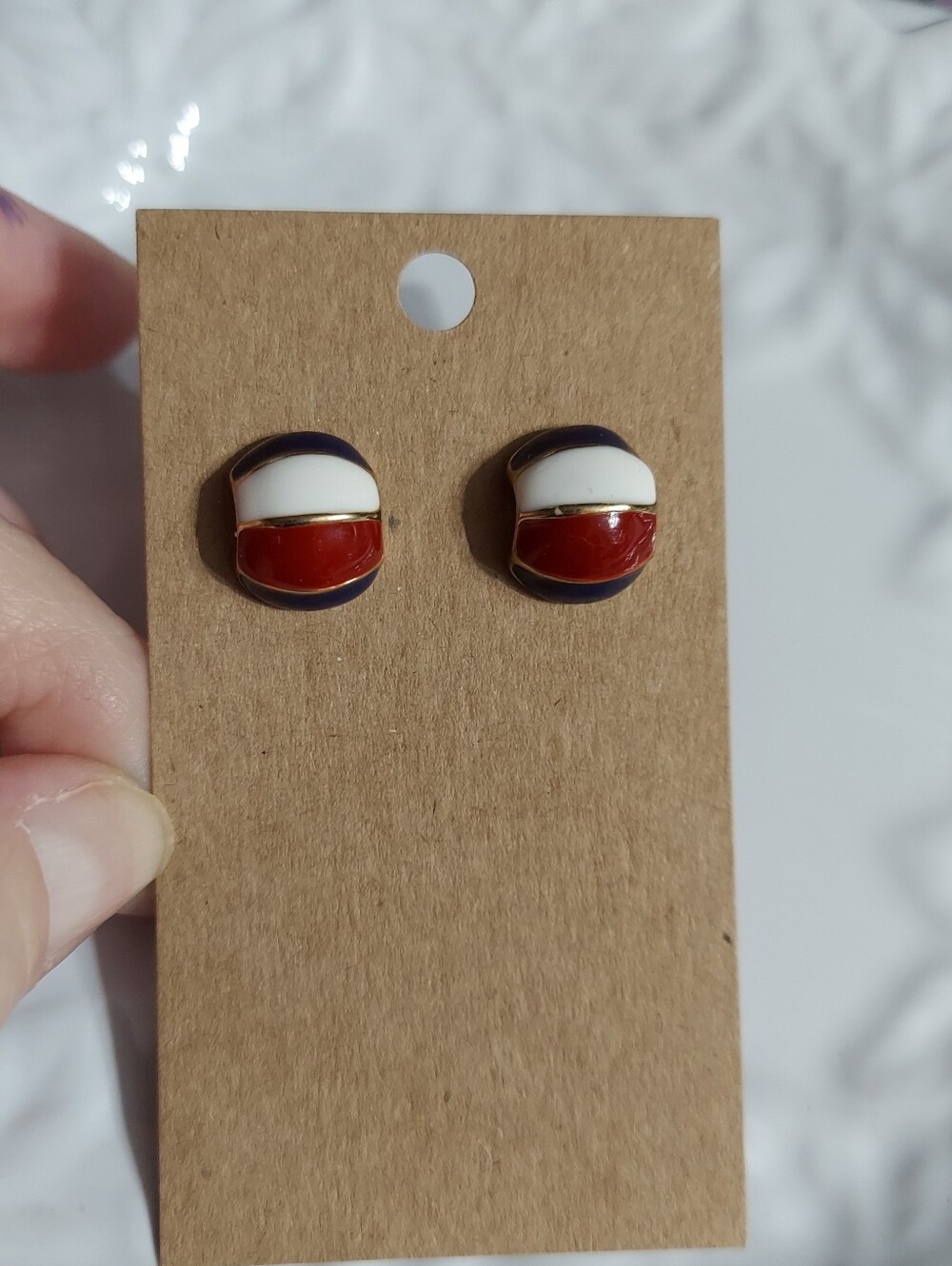 Textured Gold Tone/Red, White & Blue Enameled Huggie Earrings